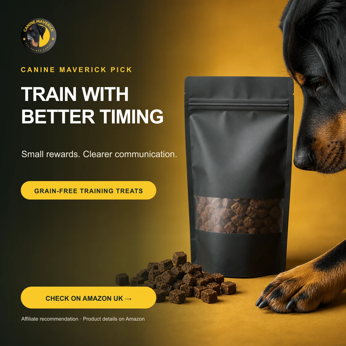 Canine Maverick promotional recommendation for Bounce and Bella grain-free dog training treats