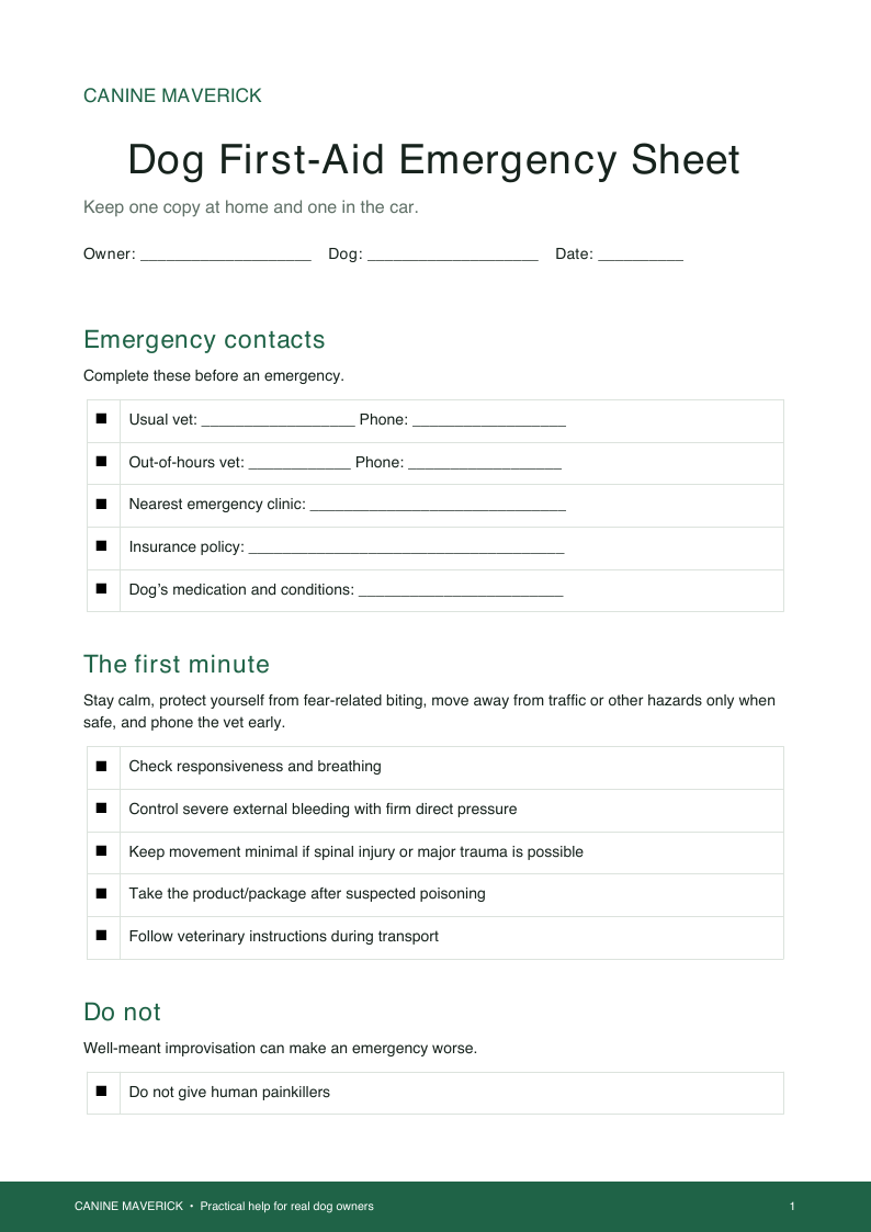 Preview of Dog First-Aid Emergency Sheet printable