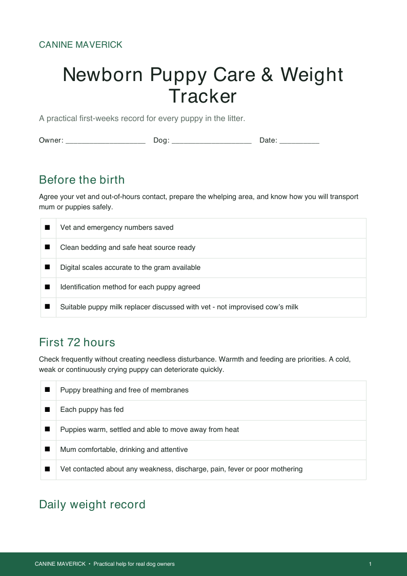 Preview of Newborn Puppy Care & Weight Tracker printable