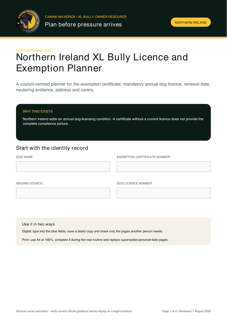 First-page preview of Northern Ireland XL Bully Licence and Exemption Planner