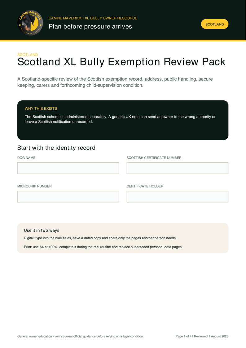 First-page preview of Scotland XL Bully Exemption Review Pack