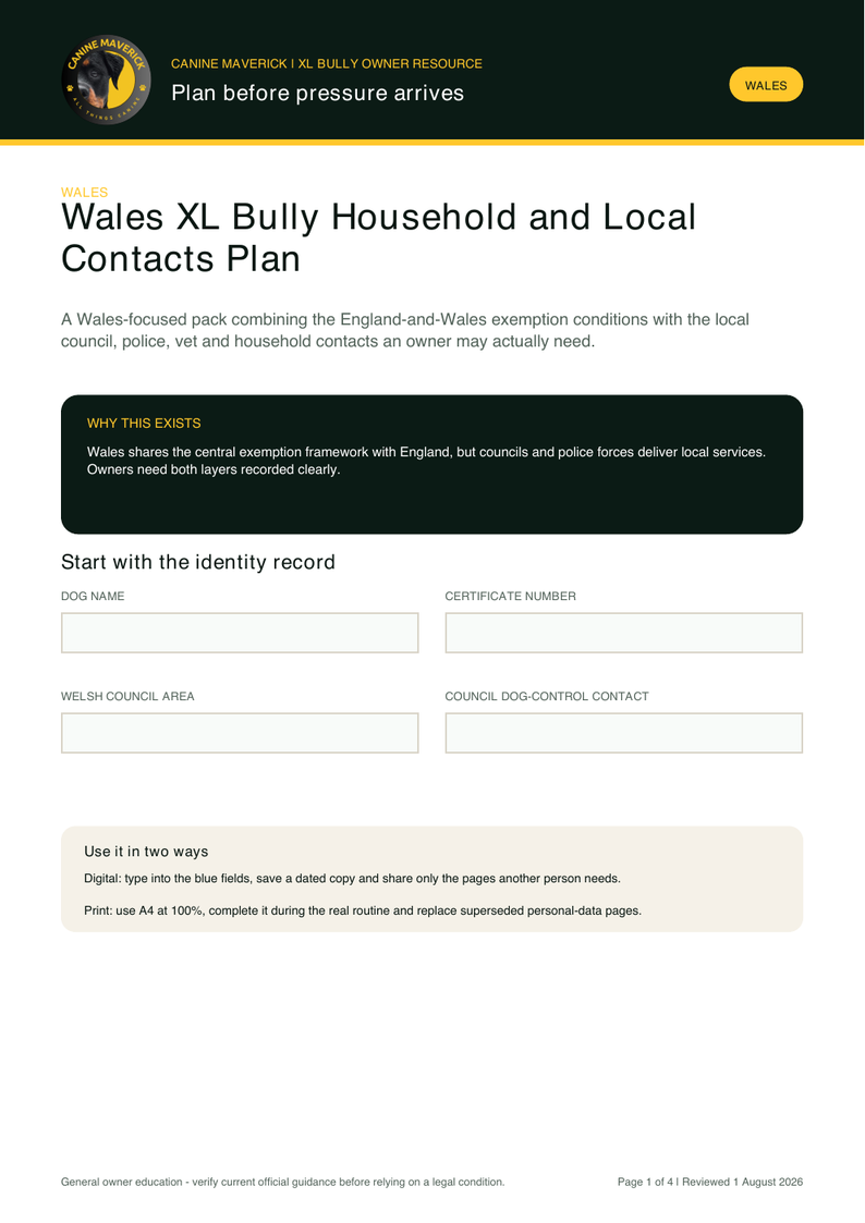First-page preview of Wales XL Bully Household and Local Contacts Plan