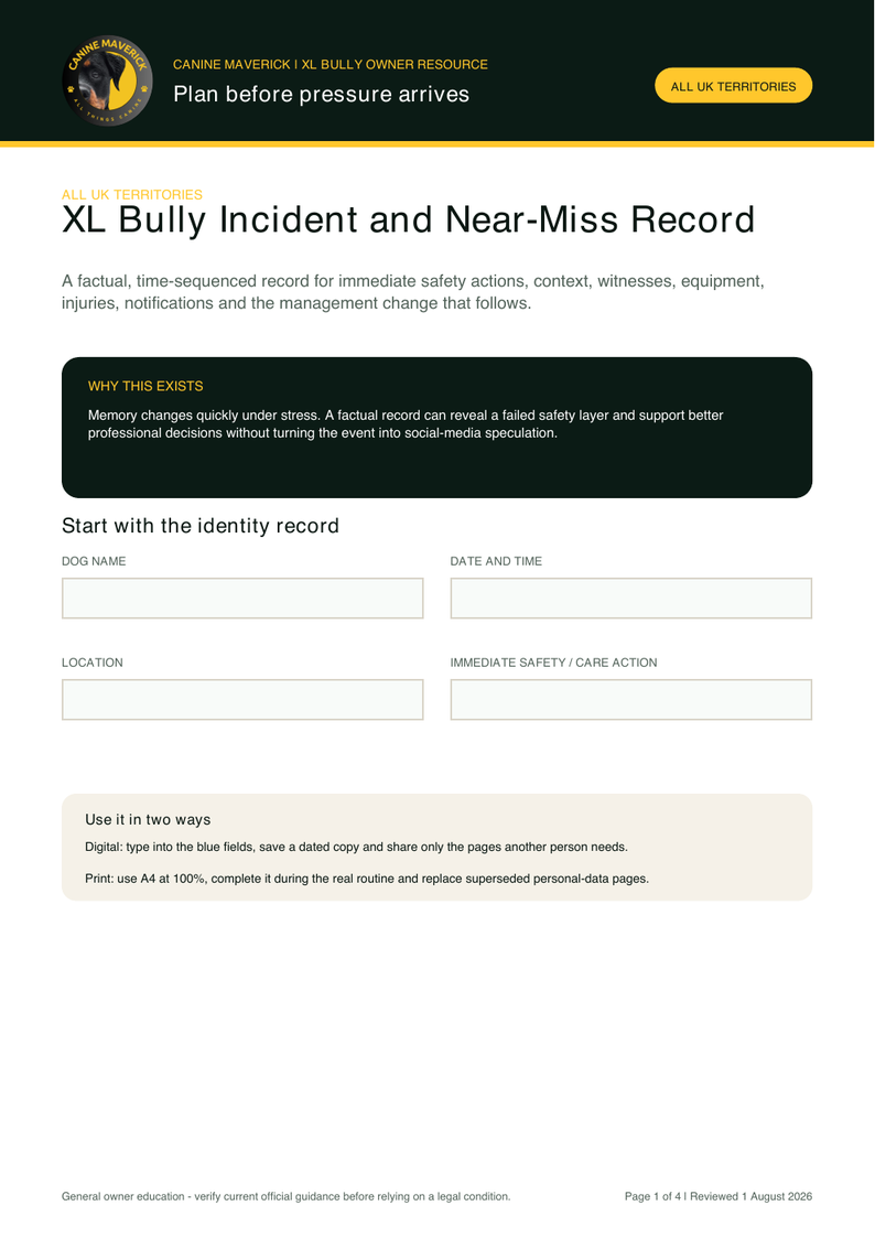 First-page preview of XL Bully Incident and Near-Miss Record
