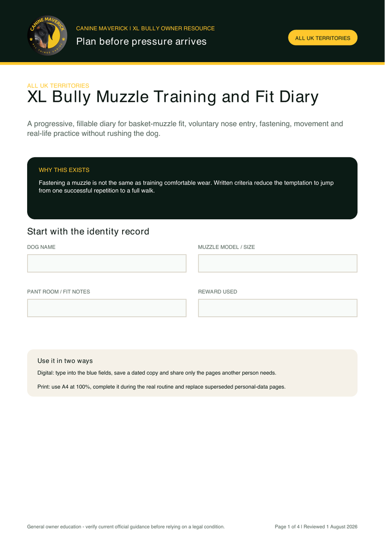 First-page preview of XL Bully Muzzle Training and Fit Diary