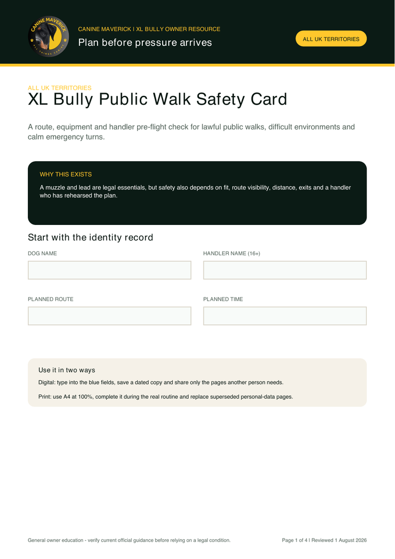 First-page preview of XL Bully Public Walk Safety Card