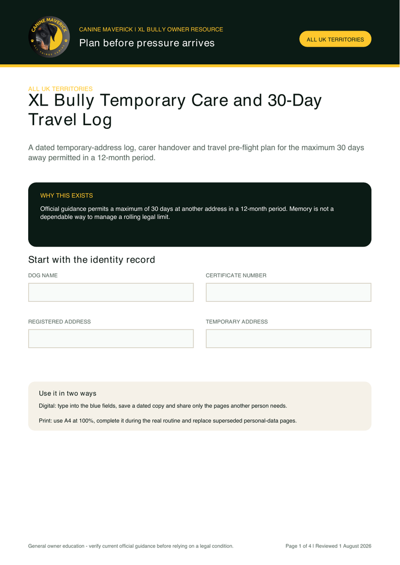 First-page preview of XL Bully Temporary Care and 30-Day Travel Log