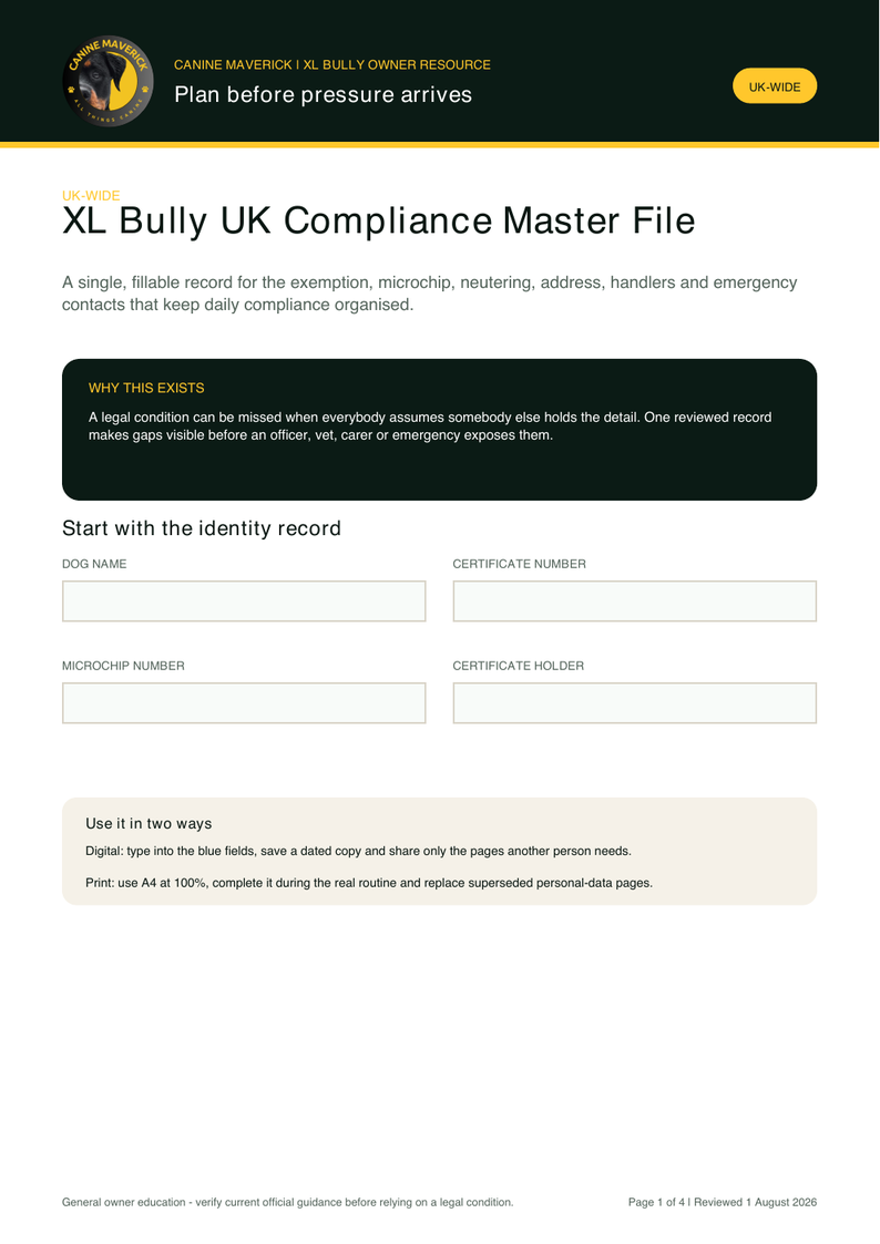 First-page preview of XL Bully UK Compliance Master File